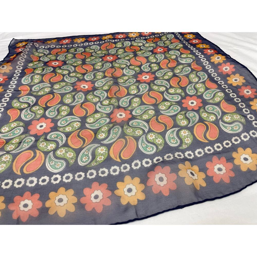 Vintage 1960s Sheer Nylon Flora Paisley Scarf Navy Blue Orange Yellow Hippie Mod